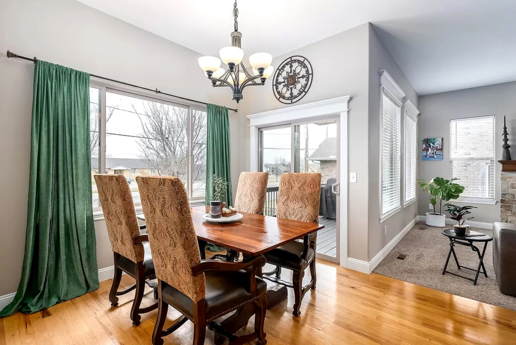 Dining-room-with Earthy Green Curtains