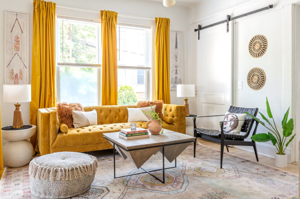 Living Room with Yellow Curtains