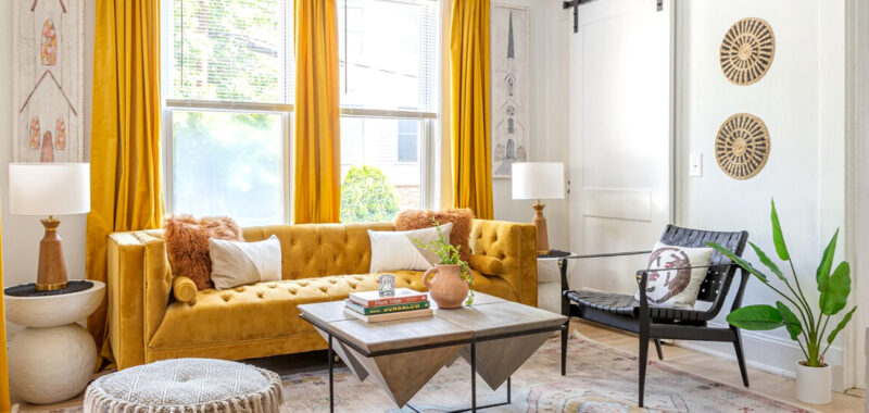 Living Room with Yellow Curtains
