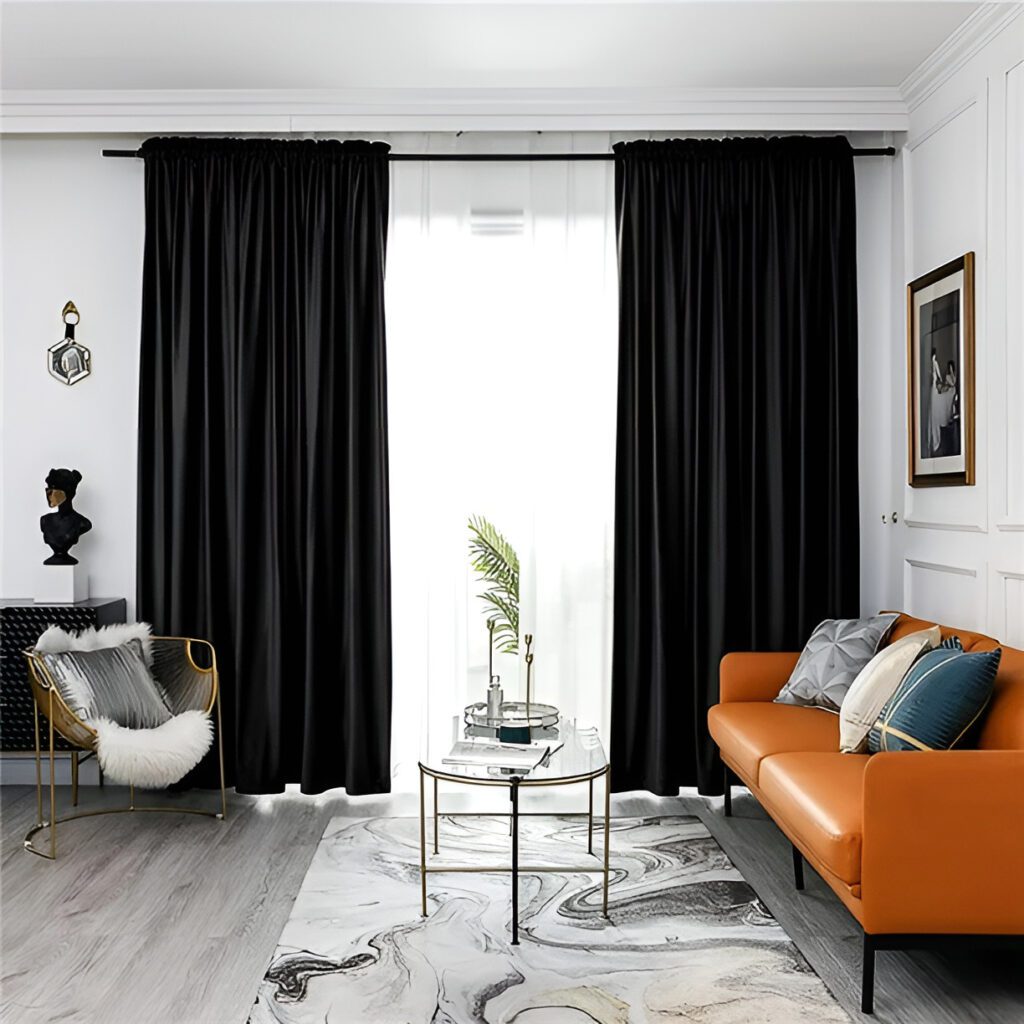 Living-Rooms-Black Curtains Mingle with Modern Vibes