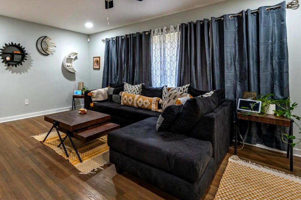 Living Rooms with Black Curtains