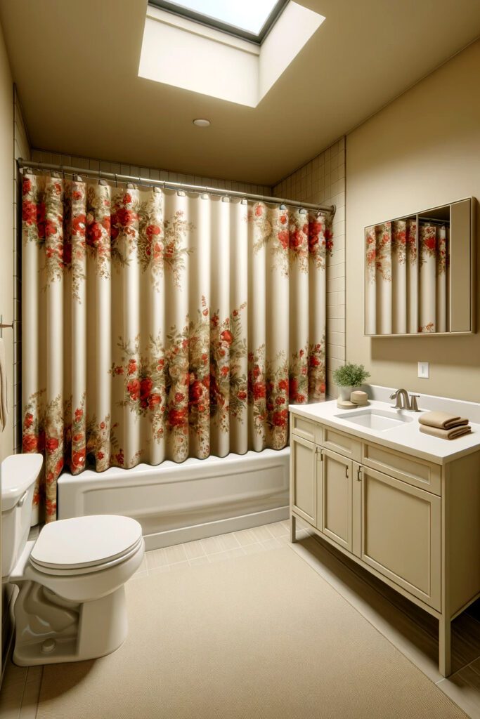 Bathroom-Beige-Walls-Patterned Shower-Curtains