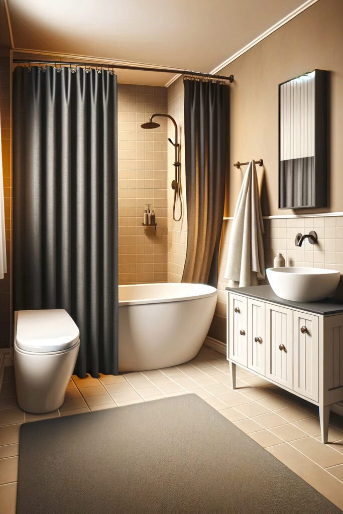 Bathroom-Beige-Walls-with Charcoal Gray Shower-Curtains