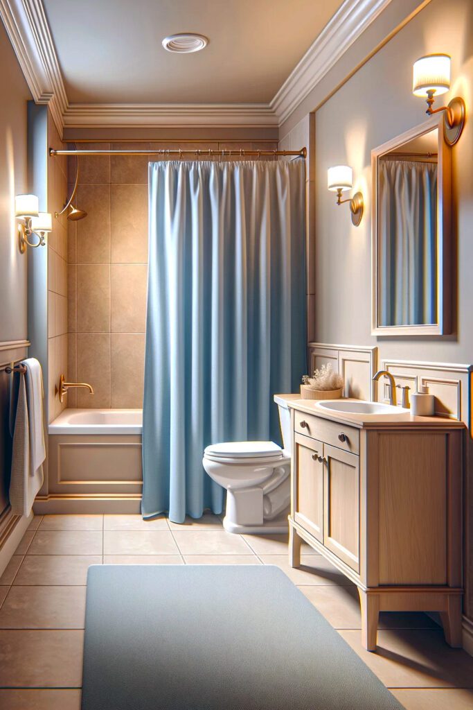 Bathroom-Beige-Walls-with-Light Blue Shower-Curtains.