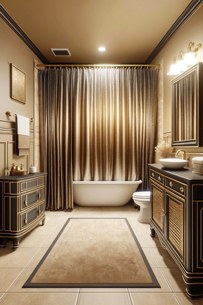 Bathroom-Beige-Walls-with Metallics Shower-Curtains