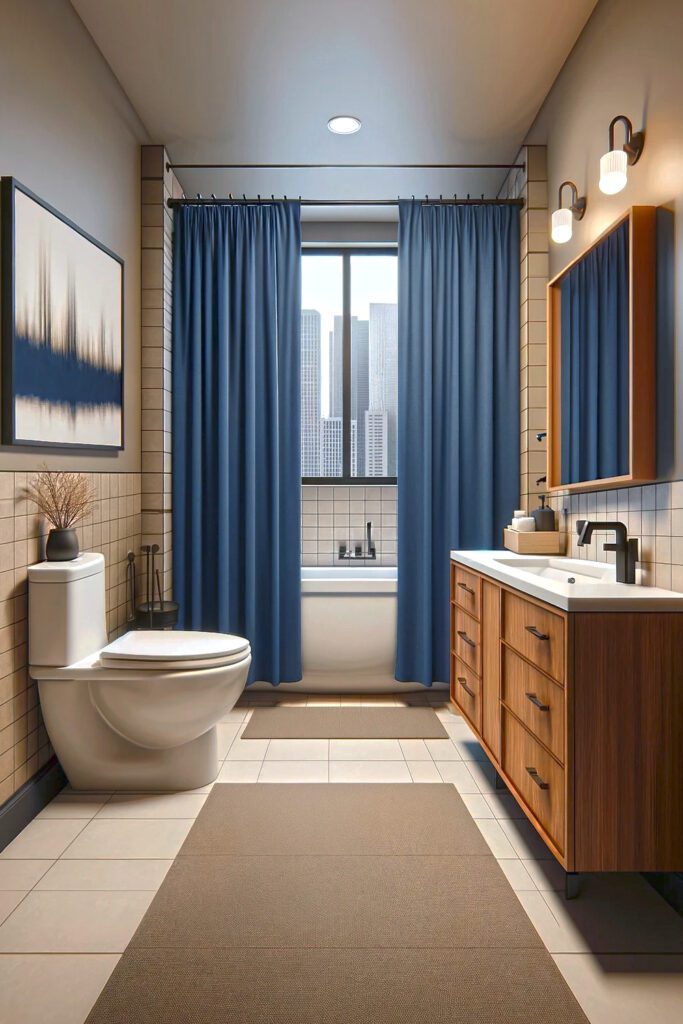 Bathroom-Beige-Walls-with-Navy Blue-Shower-Curtains.