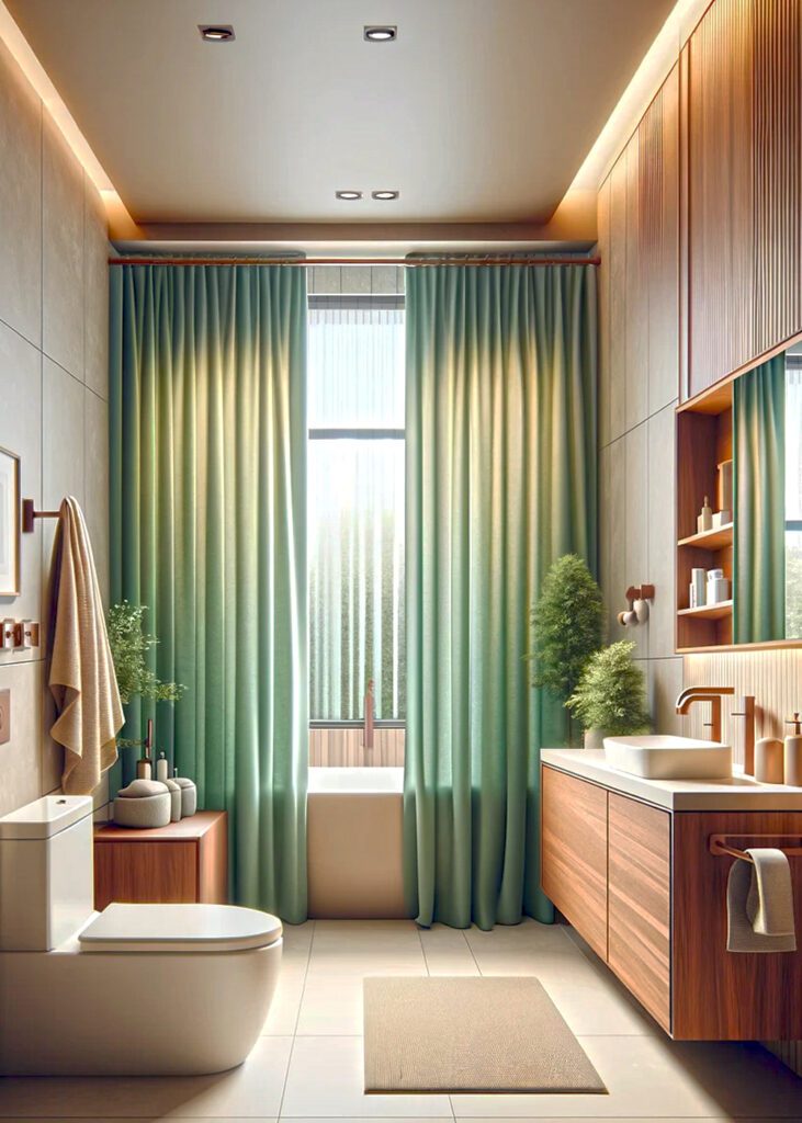 Bathroom-Beige-Walls-with-Soft Green Shower-Curtains.