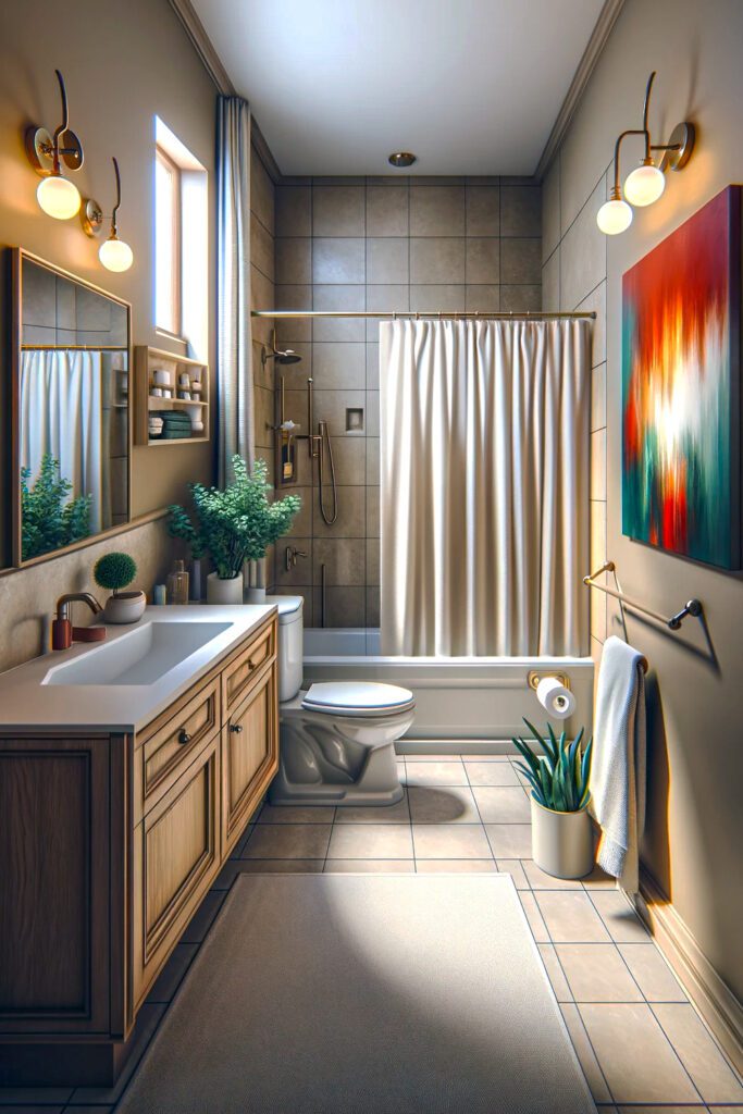 Bathroom Beige Walls with White Shower Curtains