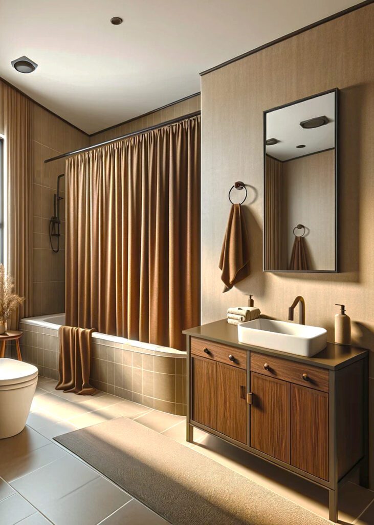 Bathroom-Beige-Walls-withEarthy Browns Shower-Curtains.j