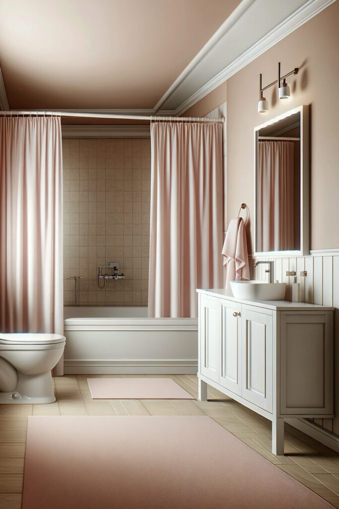 Bathroom-Beige-Walls-withPale Pink Shower-Curtains