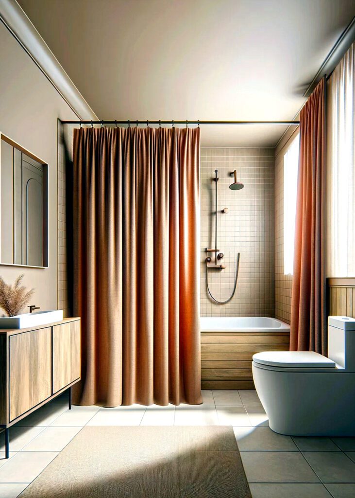 Bathroom-Beige-Walls-withTerracotta Shower-Curtains