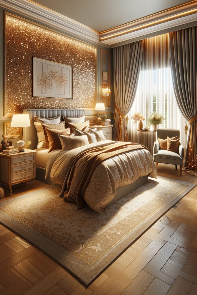 Bedroom Glamorous Gold-Wallpaper-with-Matching-Curtains