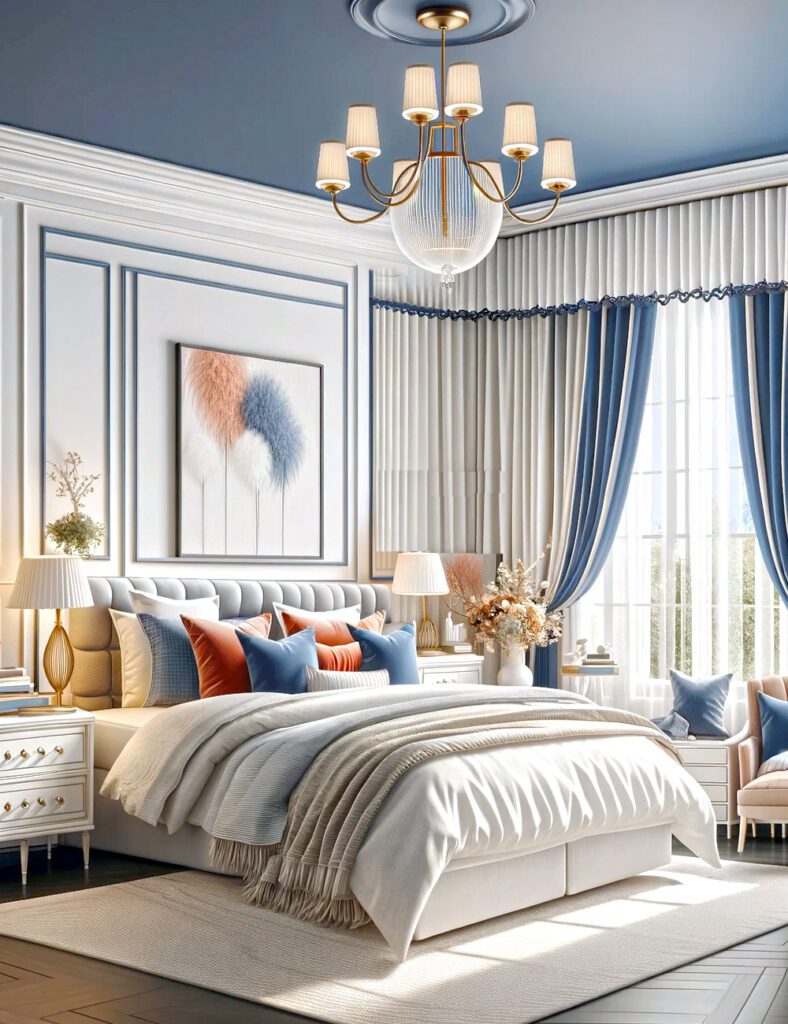 Bedroom White Curtains with Navy Trim