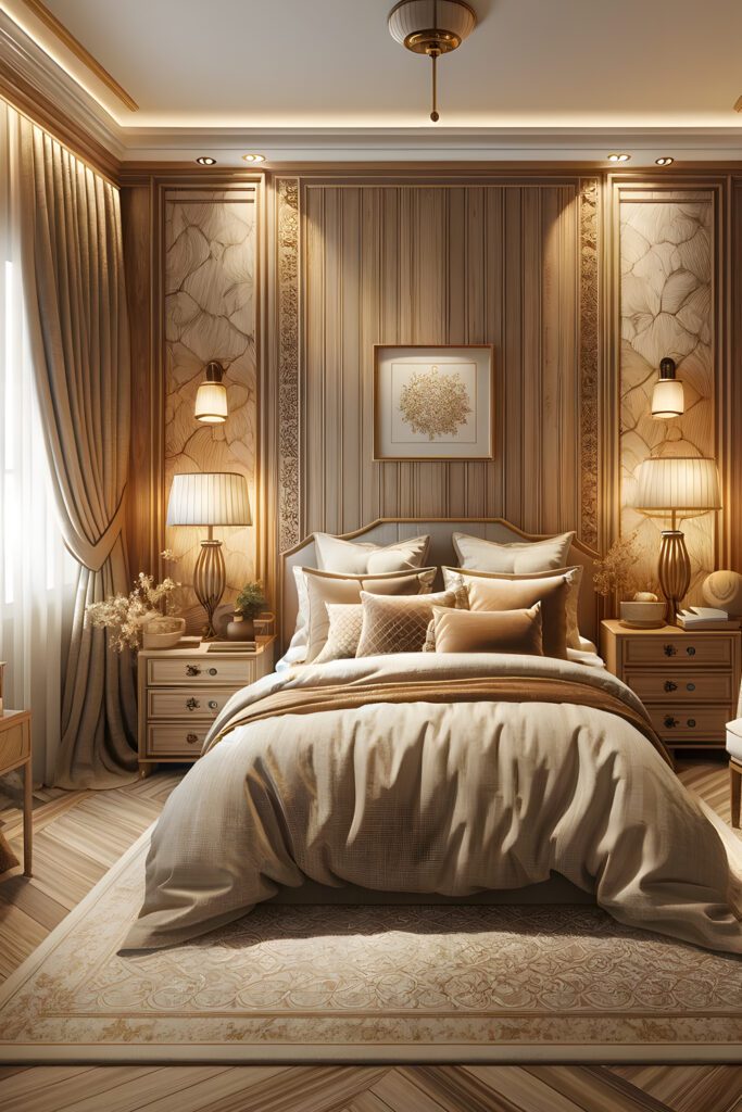 Bedroom-Wood Patterned Wallpaper-with-Matching-Curtains