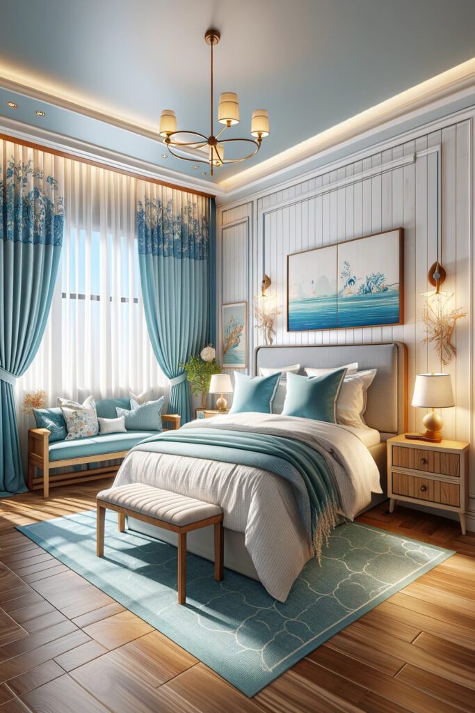 Bedroom with Azure Blue and Coastal Motifs Curtains