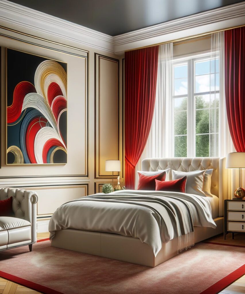 Bedroom-with-Bright Red Curtains