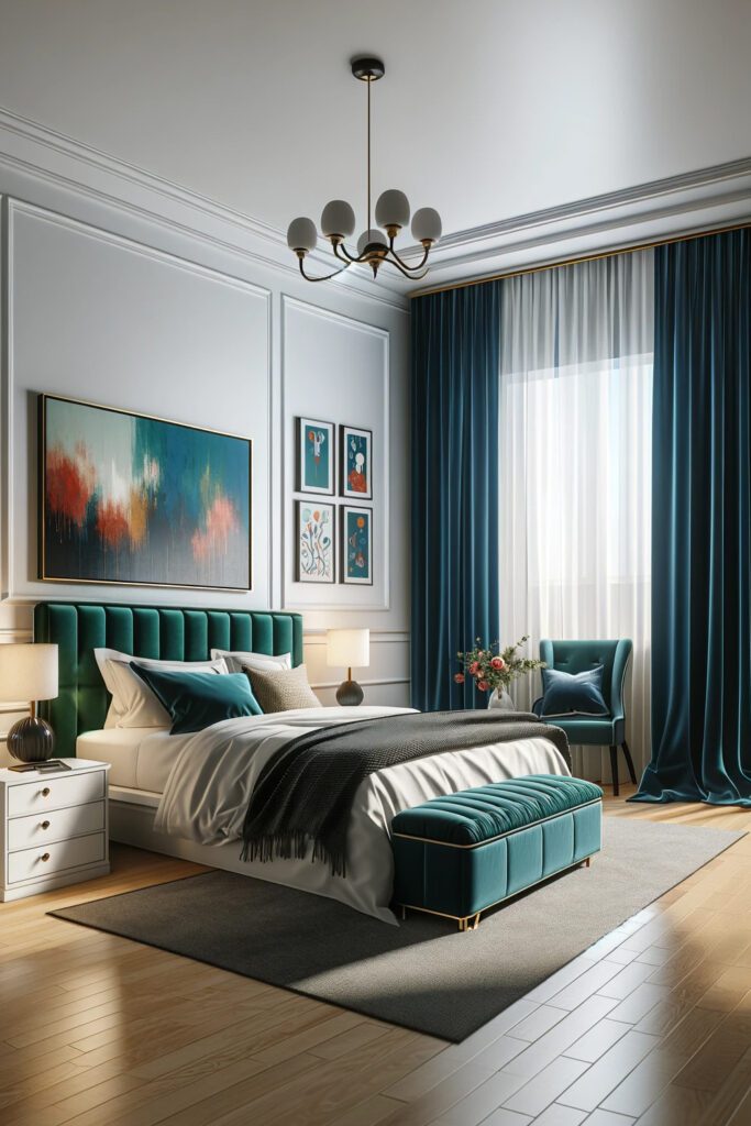 Bedroom-with-Deep Teal Blackout Curtains.