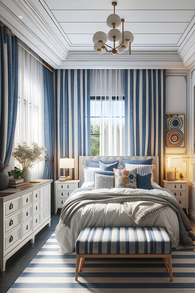 Bedroom-with Denim Blue with Stripes Curtains