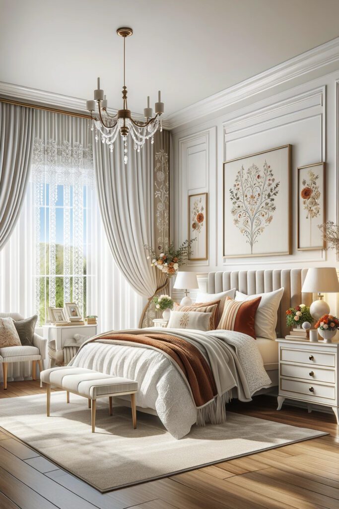 Bedroom-with-Embroidered White Curtains