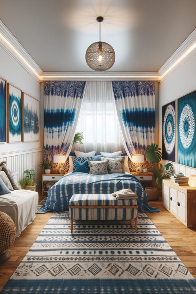 Bedroom-with-Indigo Tie-Dye-Curtains
