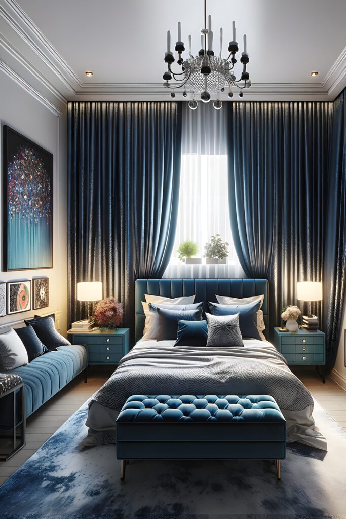 Bedroom-with-Midnight Blue with Silver Accents -Curtain