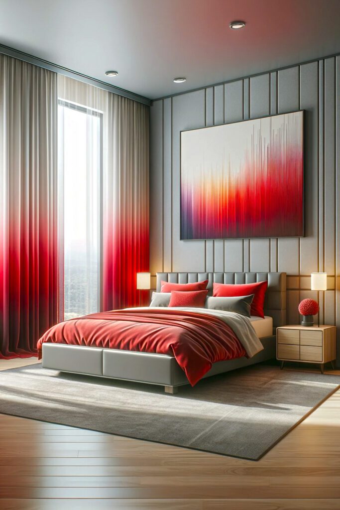 Bedroom-with-Ombre Red Curtains