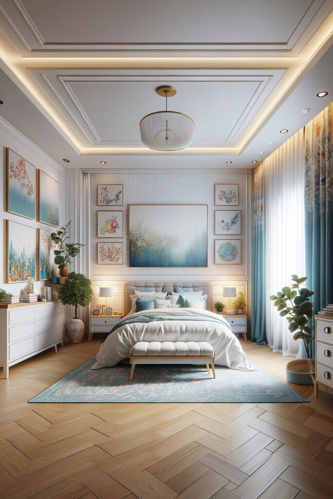 Bedroom-with-Pale Blue with Floral Prints Curtains