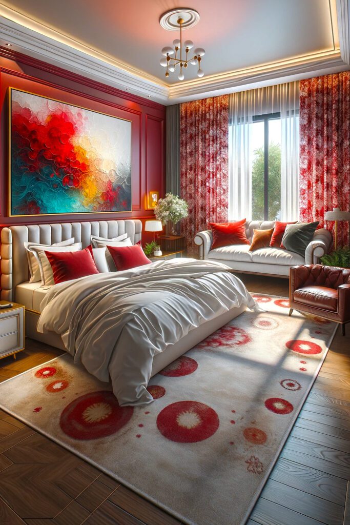 Bedroom-with-Red and White Patterned Curtains