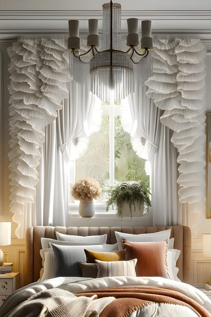 Bedroom with Ruffled White Curtains