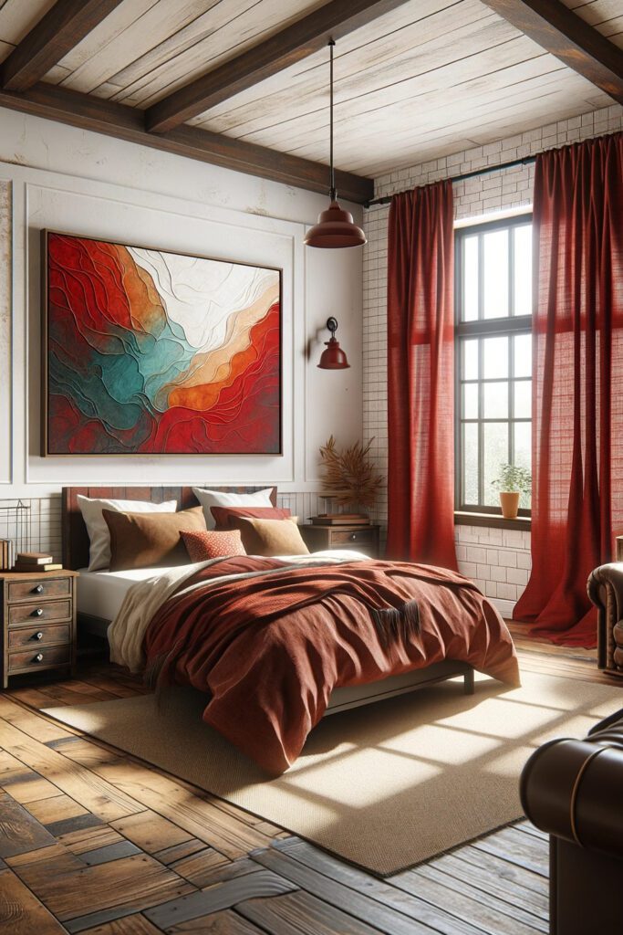Bedroom-with-Rustic Red Linen Curtains