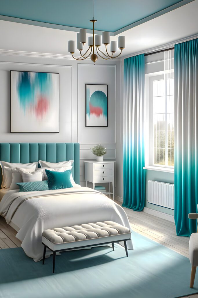 Bedroom with Turquoise Ombre Curtains