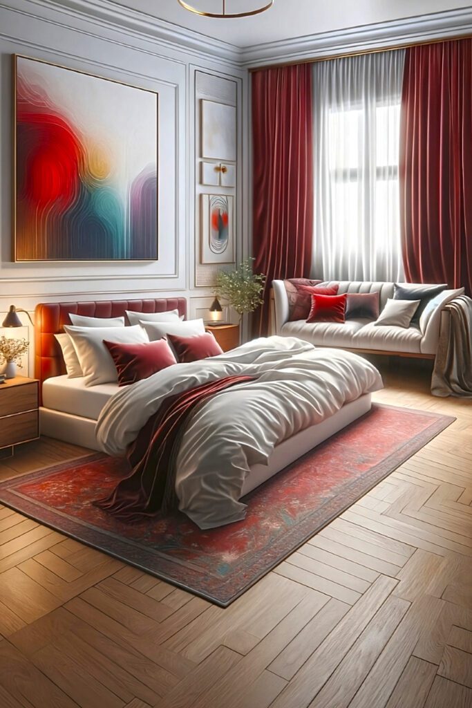 Bedroom with Velvet Red Curtains