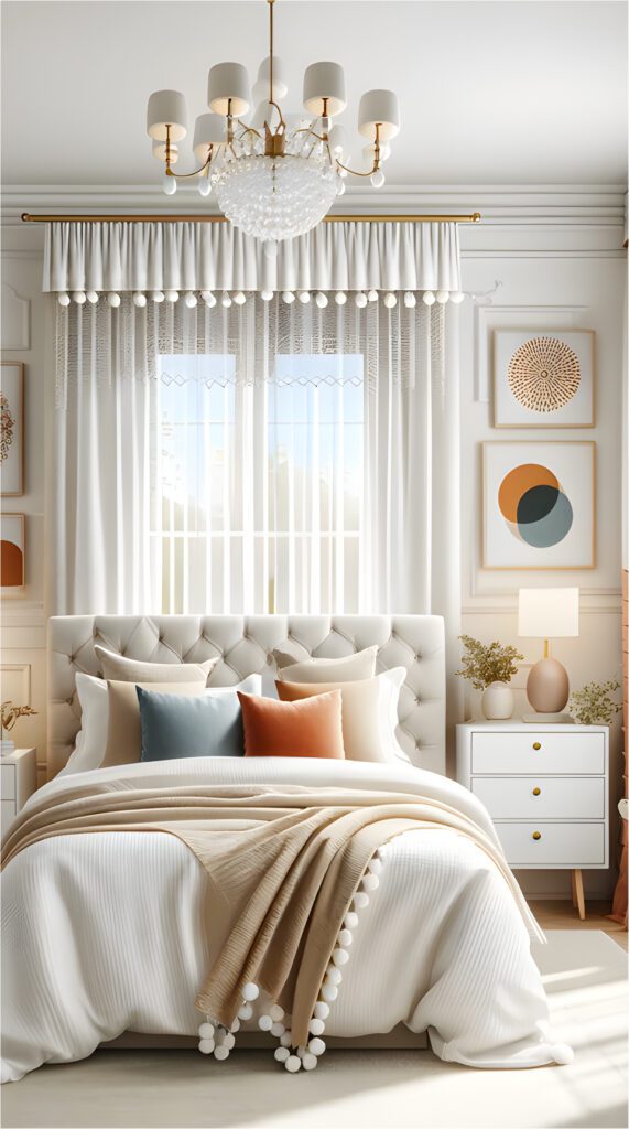 Bedroom with White Curtains with Pom-Pom Edge