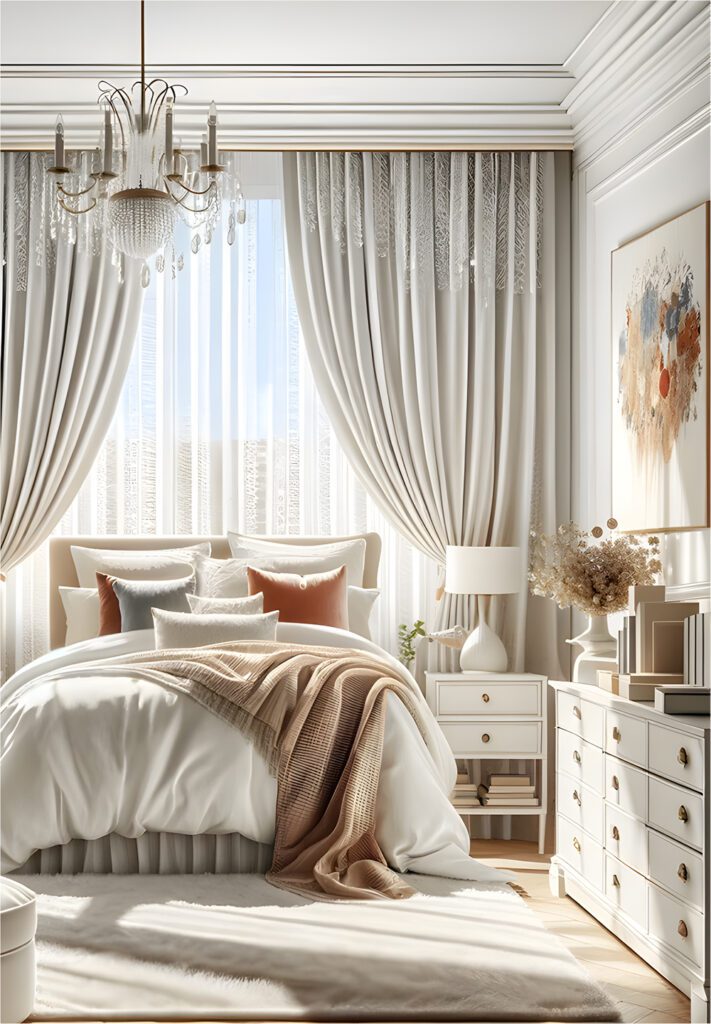 Bedroom with White Velvet Curtains
