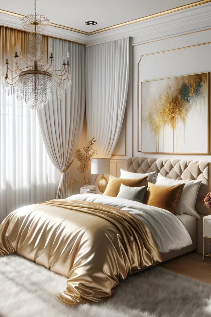 Bedroom with White and Gold Curtains