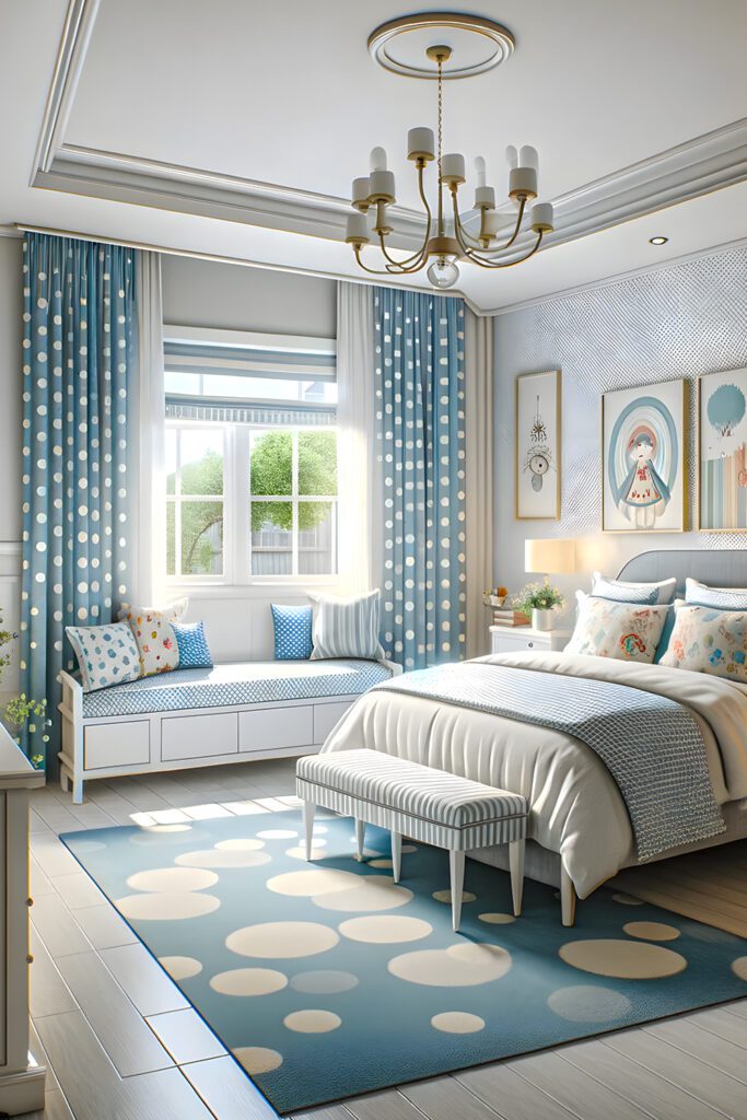 Bedroom-withPowder Blue with White Polka Dots Curtains