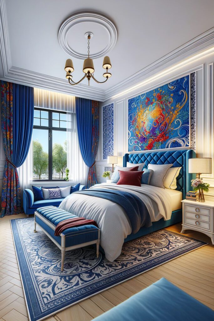 Bedroom-with Royal Blue Patterns-Curtains