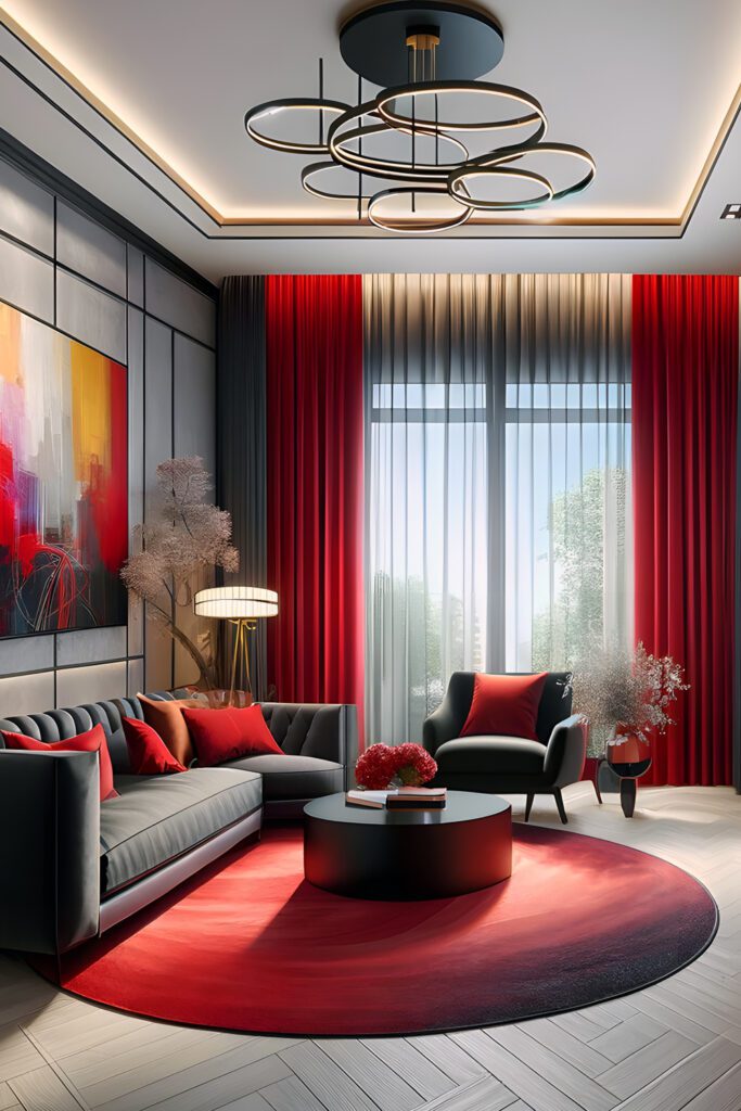 Bold Red Curtains-With-Gray-Walls-and-Black-Furniture