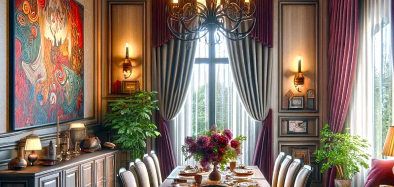 Color Curtains for the Dining Room with Beige Walls and Dark Furniture