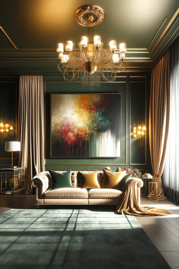 Dark-Green-Wall-Color-with-Gold-Curtains