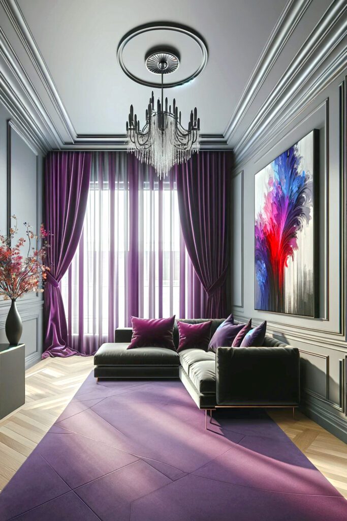 Deep Purple -Curtains-With-Gray-Walls-and-Black-Furniture