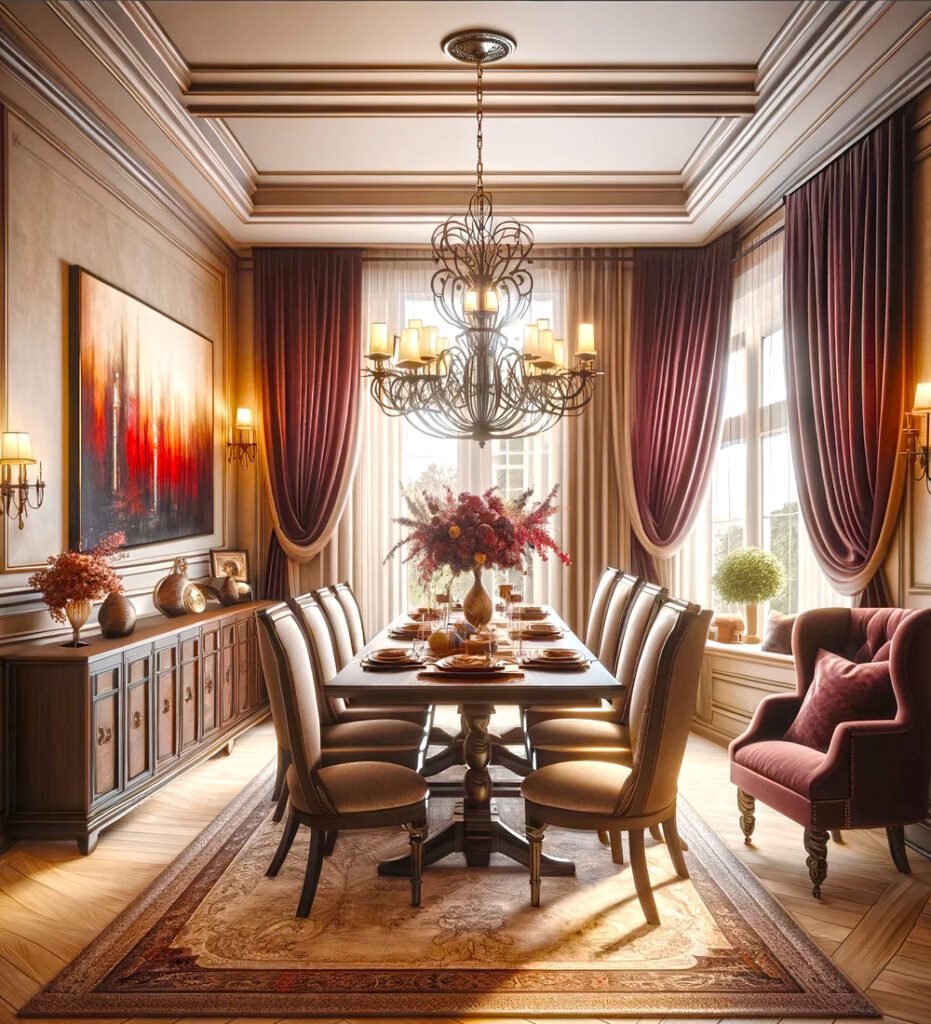 Dining-Room-with-Beige-Walls-Dark-Furniture-and-Burgundy-Curtains.