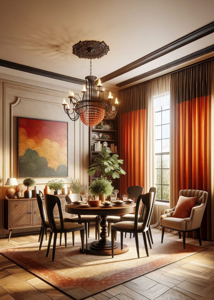Dining-Room-with-Beige-Walls-Dark-Furniture-and-Burnt Orange-Curtains.