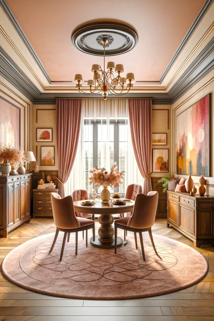 Dining-Room-with-Beige-Walls-Dark-Furniture-and-Dusty Rose-Curtains