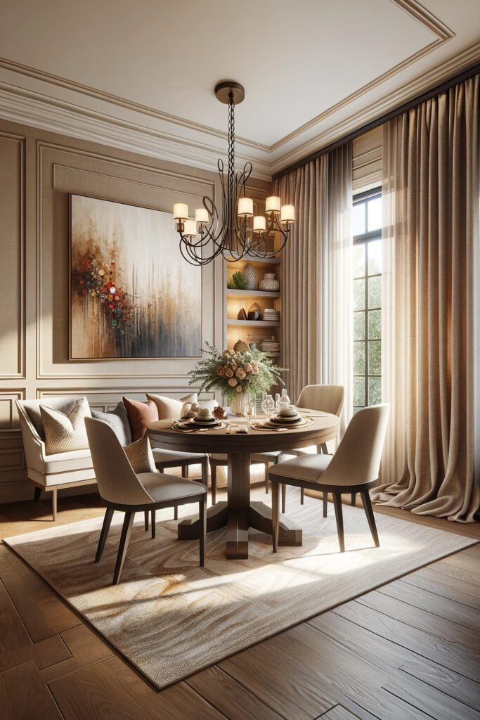 Dining-Room-with-Beige-Walls-Dark-Furniture-and-Light-Taupe-Curtains