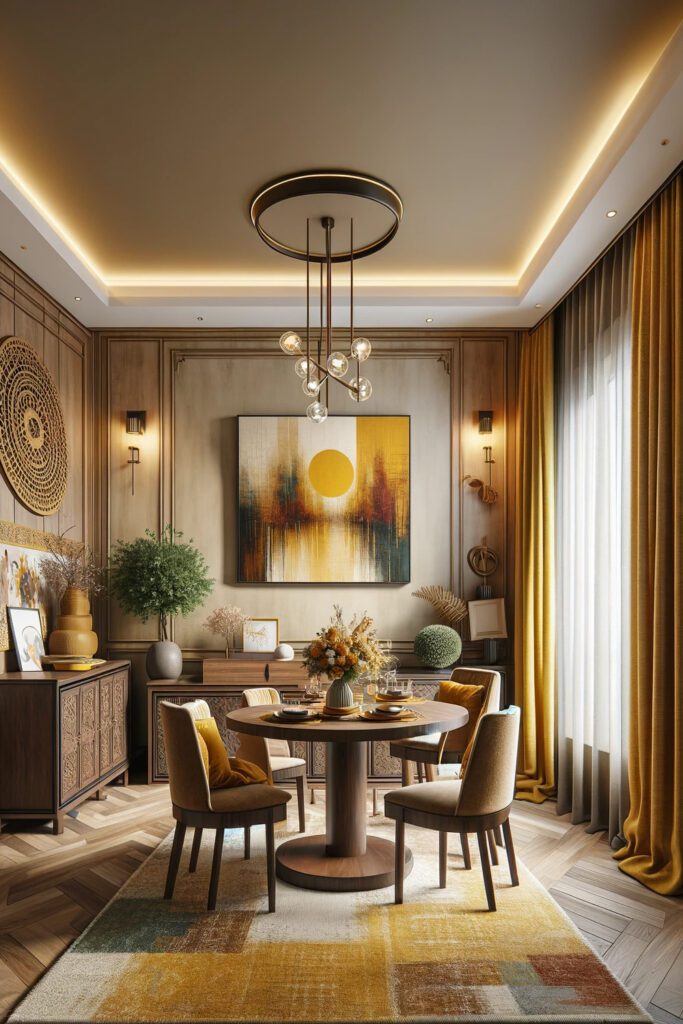 Dining-Room-with-Beige-Walls-Dark-Furniture-and-Mustard Yellow Curtains