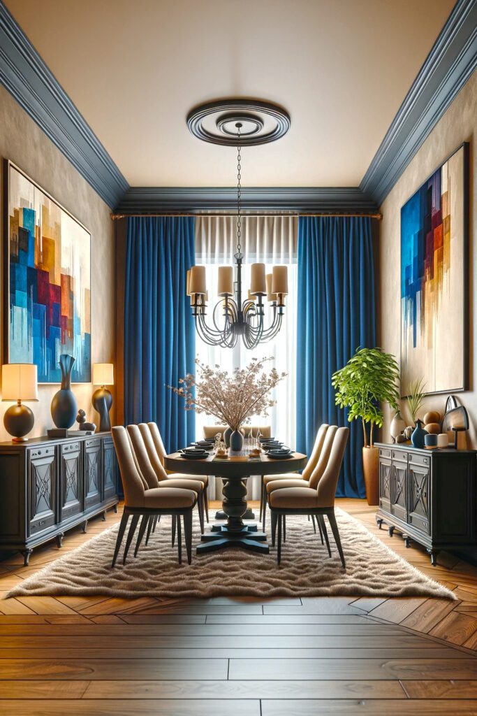 Dining-Room-with-Beige-Walls-Dark-Furniture-and-Off-Deep Blue Curtains