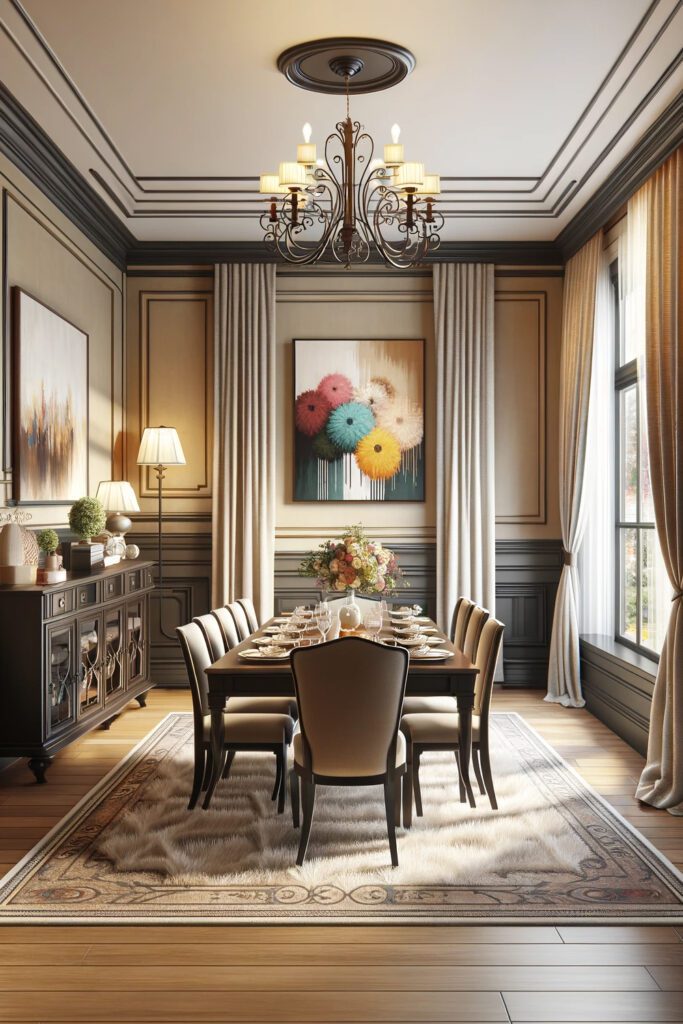 Dining Room with Beige Walls Dark Furniture and Off-White Curtains