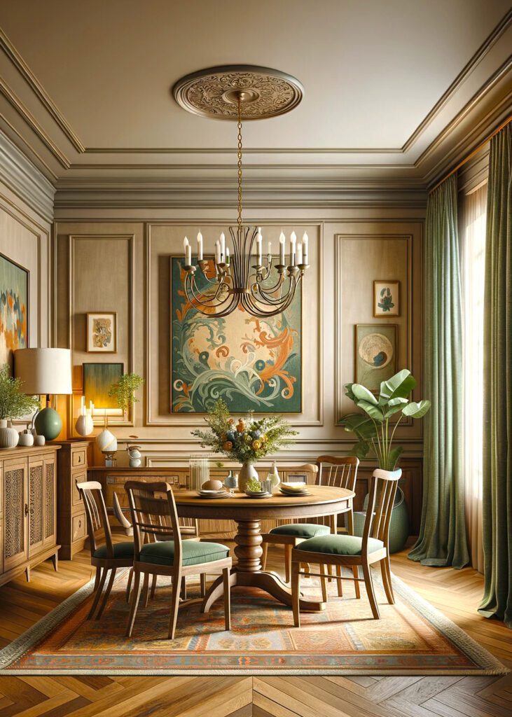 Dining-Room-with-Beige-Walls-Dark-Furniture-and Sage Green-Curtains