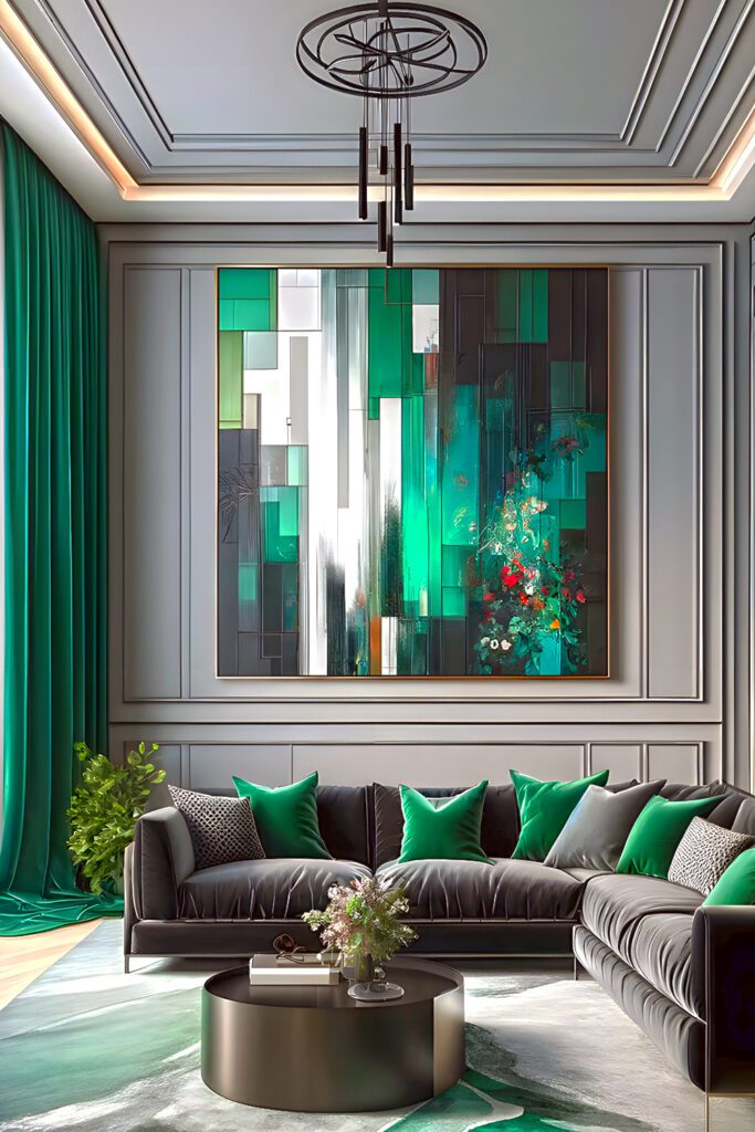 Emerald Green Curtains-With-Gray-Walls-and-Black-Furniture
